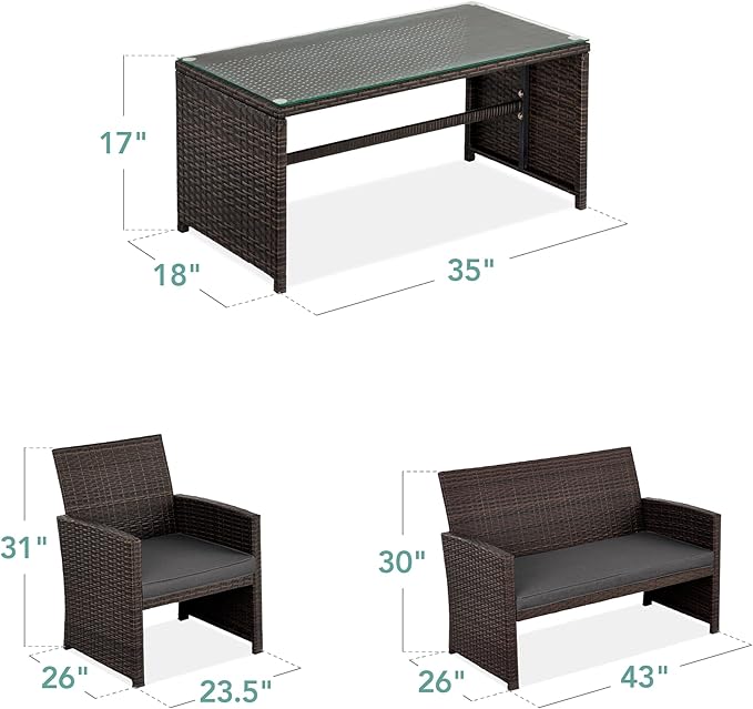 Best Choice Products 4-Piece Outdoor Wicker Patio Conversation Furniture Set for Backyard w/Coffee Table, Seat Cushions - Brown/Stone Gray