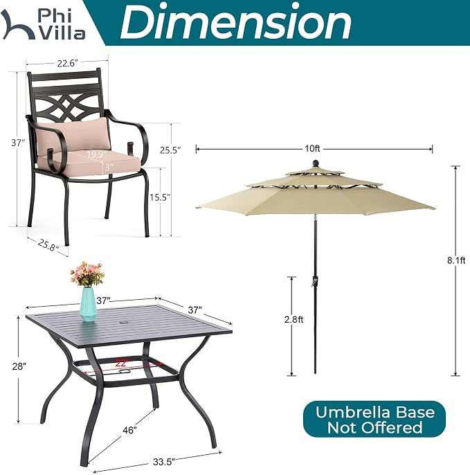PHI VILLA 4 Piece, Outdoor Dining Set, Round Metal Table, Cushioned, Beige | 10ft 3-Layer Auto-tilt Round Umbrella, 10ft Umbrella