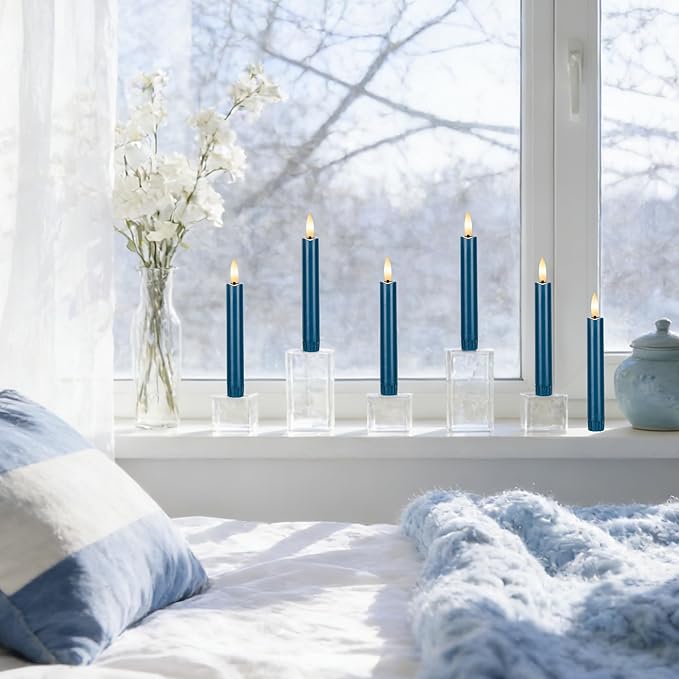 Blue Flameless Taper Candles with Remote, Short Battery Operated LED Candles, 6.4inch Flickering Flameless Candlesticks for Table Centerpiece, Wedding, Mantel, Window Decor, Set of 6