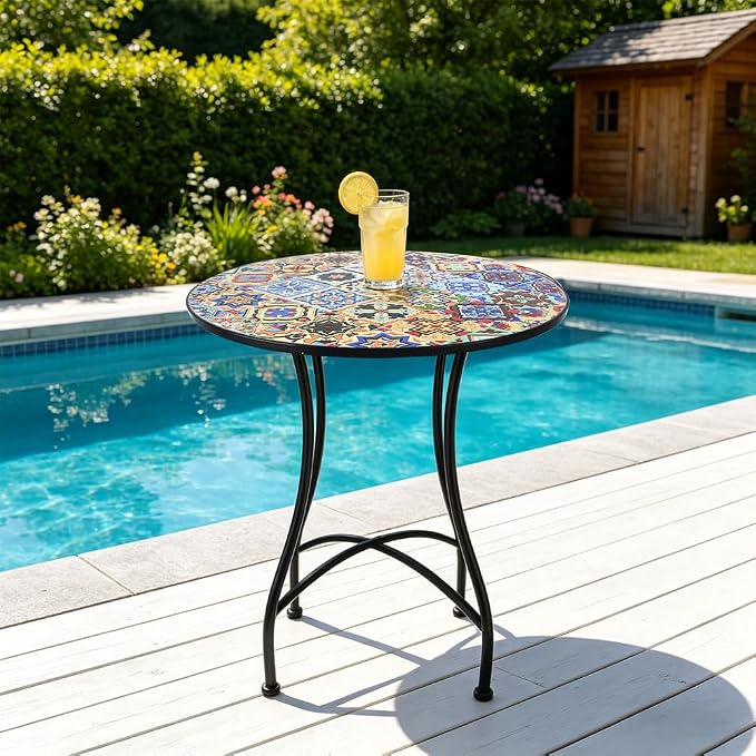 23.6" Outdoor Patio Mosaic Round Table Garden Bistro Accent Table | Ceramic Tile Waterptoof Side End Table Metal Frame Dining Table Furniture for Balcony Backyard Porch Poolside Terrace