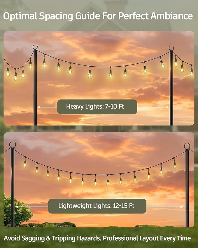 LAND·VOI Outdoor String Light Poles 4 Pack, Heavy Duty String Light Poles for Outside with 5-Prong Base & Adjustable Height, Perfect for Backyard, Patio, Garden, Fence and Party Decor