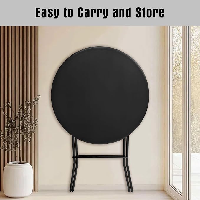 32in Cocktail Table, Plastic Folding Round High Top Indoor Outdoor Use, Foldable Bar Height Table for Parties and Commercial Events (Black)