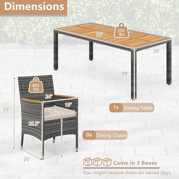HAPPYGRILL 9 Pieces Patio Dining Set for 8, Outdoor Acacia Wood Table and Rattan Chairs with 2" Umbrella Hole, Cushions, Wicker Outdoor Dining Furniture Set for Backyard, Garden, Deck