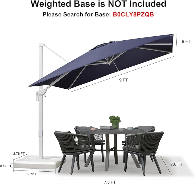 PURPLE LEAF 9 FT White Patio Umbrella Cantilever Umbrella Aluminum Square Outdoor Offset Umbrella Hanging Windproof with 360° Rotation for Garden Deck Pool, Navy Blue