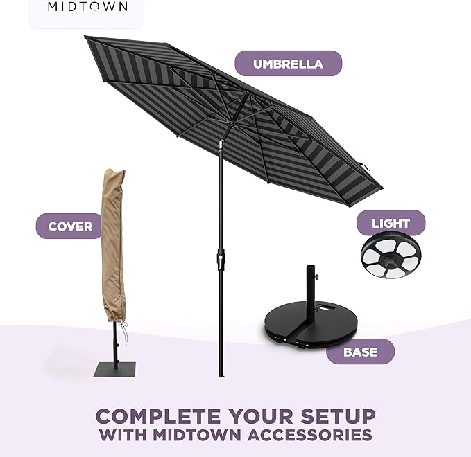 Midtown Umbrellas – The Swilt 10 Ft Patio Umbrella with 360° Swivel & Tilt Mechanism, Sunbrella Fabric & 8 Fiberglass Ribs – Outdoor Umbrella for Deck, Pool & Cafes – Black & White Canopy, Black Pole