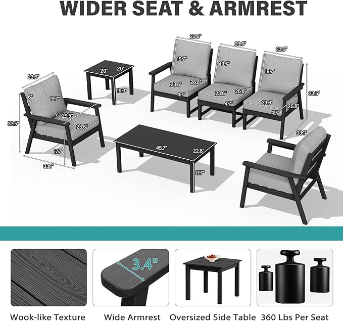 LOUNZY HDPE Patio Furinture Set, 3 Piece Sectional Sofa Outdoor Furniture Set, All Weather Outdoor Couch Set Patio Conversation Set for Deck, Lawn, Black