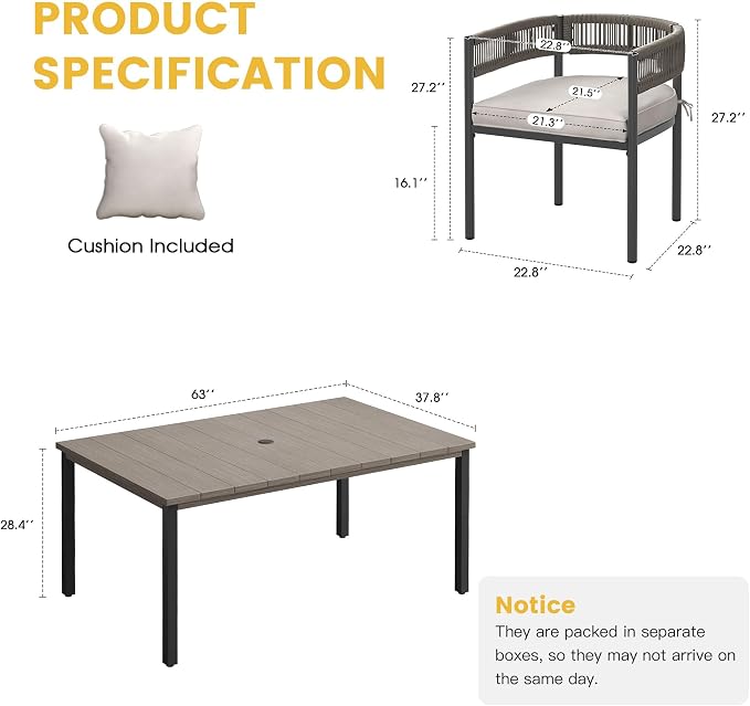 VICLLAX Patio Dining Set for 6-63" Rectangle Table & Cushioned Seats