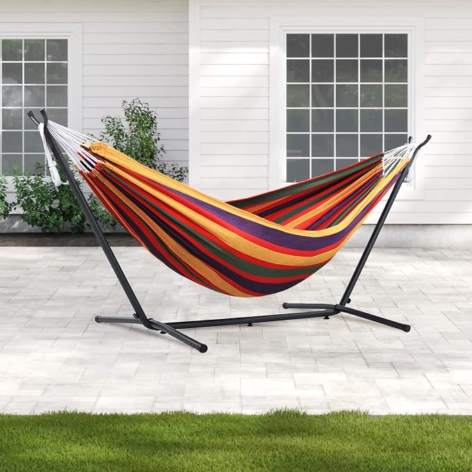 550lbs Capacity Double Hammock Adjustable Hammock Bed with 10ft Heavy Duty Steel Stand Includes Portable Carrying Case, Easy Set up Rainbow Stripe C