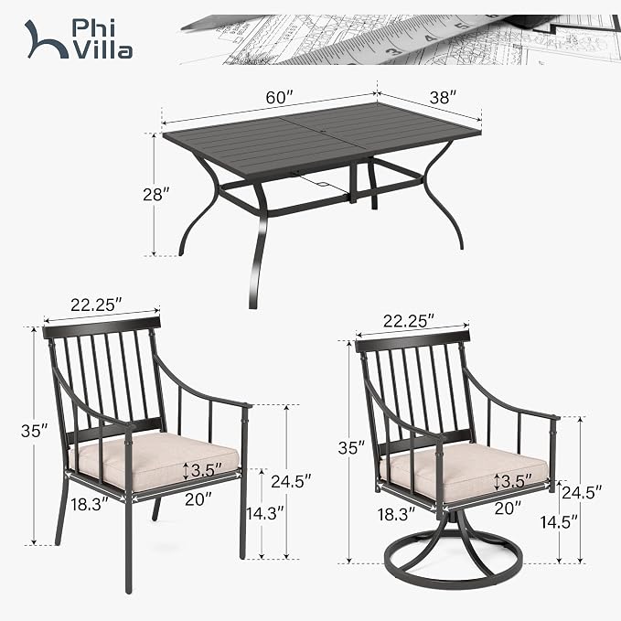 PHI VILLA 7 Piece, Outdoor Dining Set, 60"x38" Table, 1.57" Umbrella Hole | Metal, Swivel Chairs, Cushions, Weather-Resistant, 360° Swivel, 350 lbs Capacity