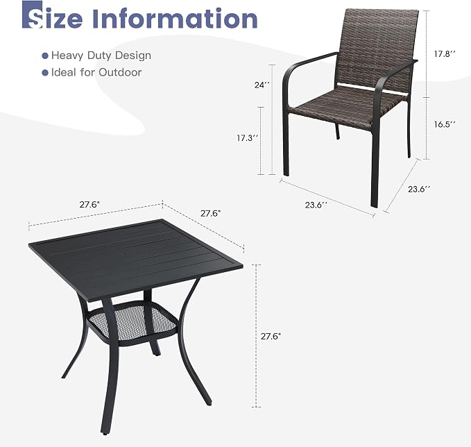 VICLLAX 3 Pieces Small Patio Dining Set, 2 Outdoor Wicker Dining Chairs and Small Patio Dining Table with Storage Shelf for Backyard Lawn Deck, Black Tabletop