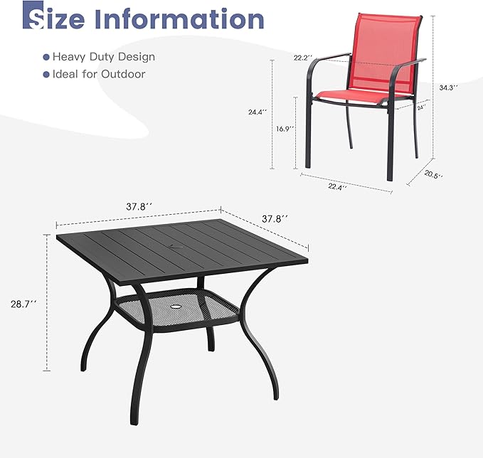 VICLLAX Outdoor Dining Set for 4, Patio Furniture Set of 4 Patio Stackable Dining Chairs and Outdoor Metal Square Table with Umbrella Hole for Backyard Lawn Garden, Red Chairs and Black Table
