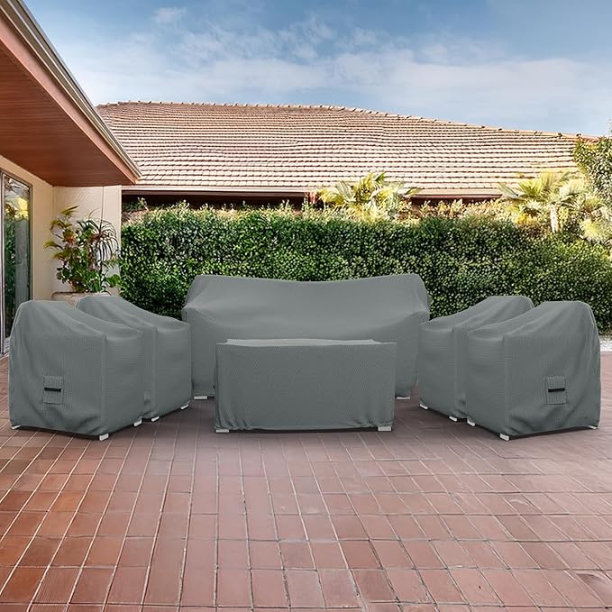Covers & all Patio Furniture Cover Set, 6 Piece Outdoor Furniture Covers, Water-Repellent UV & Weather Resistant Covers for Sofa, Chairs & Coffee Table With Elastic Tie-Downs & Padded Handles