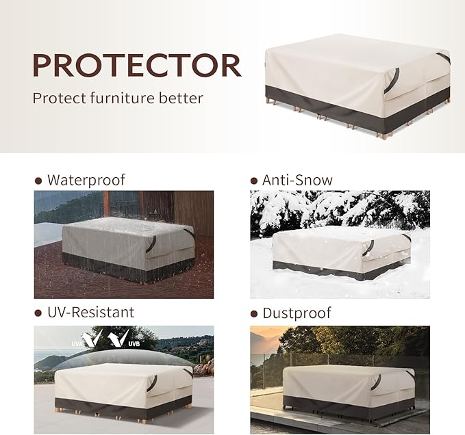 Waterprooof Outdoor Furniture Covers for Table and Chairs, Patio Rectangular Table Cover Heavy Duty, Fits up to 108L x 82W x 28H inches (Beige/Grey)