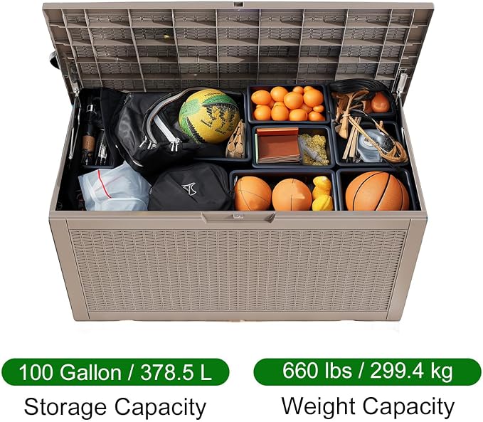 Resin Deck Box, Lockable Patio Outdoor Storage Box for Furniture, Garden Tools and Tools Storage, Waterproof Outside Storage Boxes (Grey, 100 Gallon)