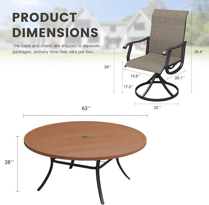 Outdoor Dining Set for 8, 63" Metal Round Outdoor Dining Table with Umbrella Hole and Sling Patio Swivel Chairs, 9 Pieces Patio Table and Chairs Set for Garden Backyard, Mixed Brown and Walnut