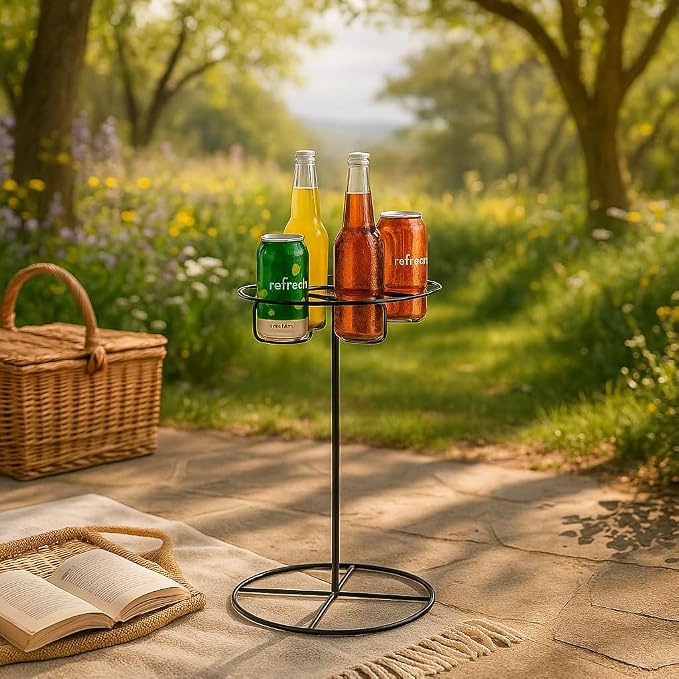 LDI Patio Furniture Metal 4 Beverage Drink Holder Table in Black - Great for Camping