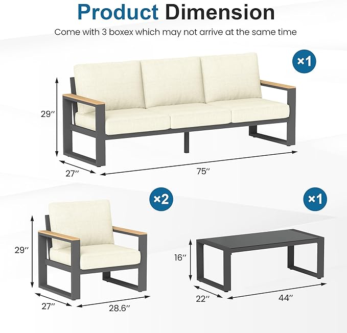 RoyalCraft Aluminum Patio Furniture, 5-Seats Metal Outdoor Furniture Set with Coffee Table, Modern Patio Sofa Sets Outdoor Conversation Set for Pool Garden Porch Backyard, Beige