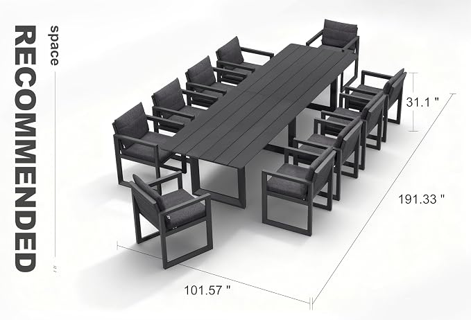 PURPLE LEAF Outdoor Dining Set for 10 Aluminum Oversize Patio Furniture Table and Chairs Set with All Weather Thick Cushion Rectangular Patio Dining Sets for Large Backyard Garden Poolside, Grey
