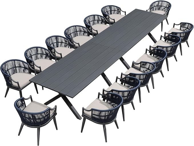 PURPLE LEAF 16 Pieces Outdoor Dining Set All Weather Wicker Patio Dining Set with Rectangular Aluminum Table and Modern Armrest Dining Chairs for Garden Deck Backyard Kitchen, Grey