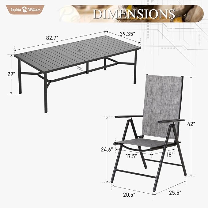 Sophia & William Patio Dining Set for 8 with Folding Chairs, Grey | Light-weight & space-saving, Quick-drying, Rectangular, Umbrella Hole, Weather-Resistant, Adjustable, Outdoor deck