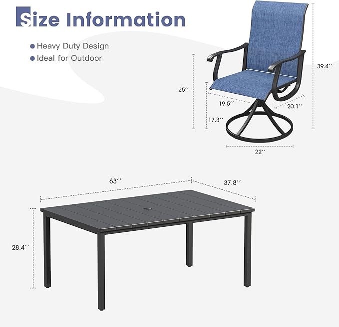 VICLLAX 7 Pieces Patio Dining Set, Patio Furniture Set of 6 Patio Swivel Dining Chairs and Rectangular Patio Table, Dark Blue Chairs & Black Tabletop