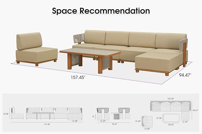 PURPLE LEAF Patio Furniture Set Modular Open-End Outdoor Sectional Sofa with 11" Thick Olefin Cushion 7-Piece Outdoor Conversation Set with Ottoman & Table for Patio Backyard Garden Poolside, Beige