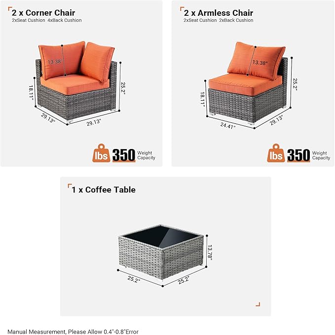 ovios Outdoor 7 Piece Coversation Set with Coffee Table,Sectional Patio Furniture Set with All-Weather Wicker Sofa,Modern Outside Couch for Balcony Backyard Pool, Orange