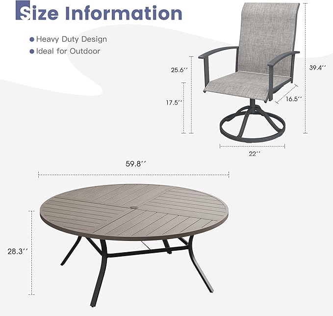 VICLLAX Outdoor Table and Chairs Set for 8, Patio Dining Set of 60 Metal Round Patio Table with Umbrella Hole & 9 Swivel Outdoor Dining Chairs for Backyard Lawn, Grey & Antique Grey