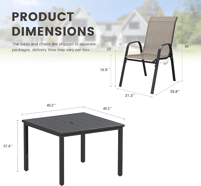 5 Pieces Outdoor Dining Set, 40.2" Square Table with Umbrella Hole & Stackable Patio Dining Chairs, Patio Table and Chairs Set for Deck Garden Porch, Brown Chairs & Black Table