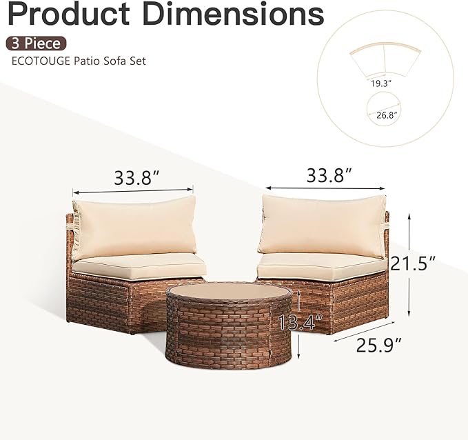 ECOTOUGE Patio Furniture Set, 3 Piece Half-Moon Sectional Round Patio Furniture Set, Wicker Sofa with Tempered Glass Round Coffee Table for Pool Backyard Patio Garden(Beige/Brown)