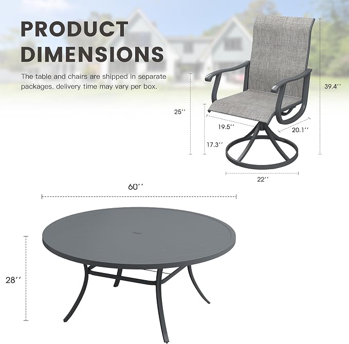 Outdoor Dining Set for 8, 60" Metal Round Outdoor Dining Table with Umbrella Hole and Sling Patio Swivel Chairs, 9 Pieces Patio Table and Chairs Set for Garden Backyard, Grey and Dark Grey