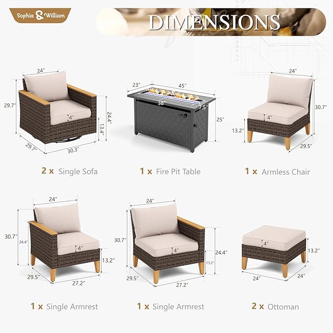 Sophia & William Patio Furniture Set with Fire Pit Table & Swivel Chairs, 8 Piece Outdoor Sectional Furniture Wicker Modular Sofa Couch, Conversation Set for Deck Backyard Lawn, Beige