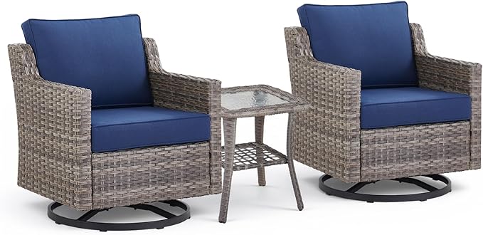 3 Pieces Patio Furniture Set-High Back Swivel Patio Chairs Set of 2 with Outdoor Side Table Patio Table and Chairs Set for Porch Deck Balcony Garden Grey/Blue
