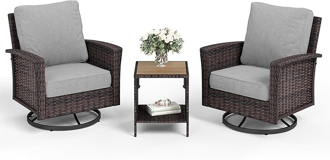 Patio Wicker Swivel Chairs Set of 2, Outdoor High Back Chairs with 5.5" Waterproof Cushions and Side Table, Outdoor Furniture Set for Deck Porch and Yard, Light Grey