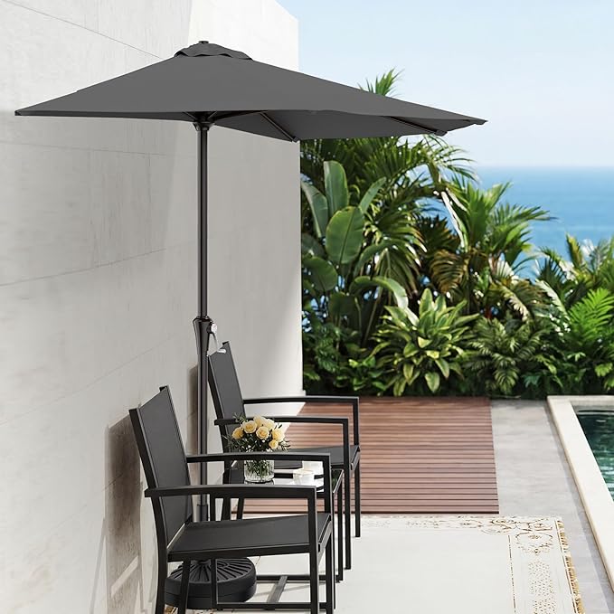 AreShark 9FT Half Patio Umbrella, Outdoor Wall Umbrella with Crank & 5 Sturdy Ribs, Table 1/2 Umbrella Patio for Garden, Deck, Balcony and Pool, Gray