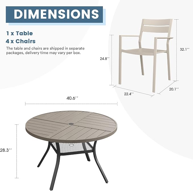 DIFY 5 Piece Outdoor Patio Dining Set for 4, 40.6" Round Dining Table with Umbrella Hole and Stackable Metal Chairs, Patio Table and Chairs Set for Backyard Garden Poolside, Grey Wood-Like & Sandshell