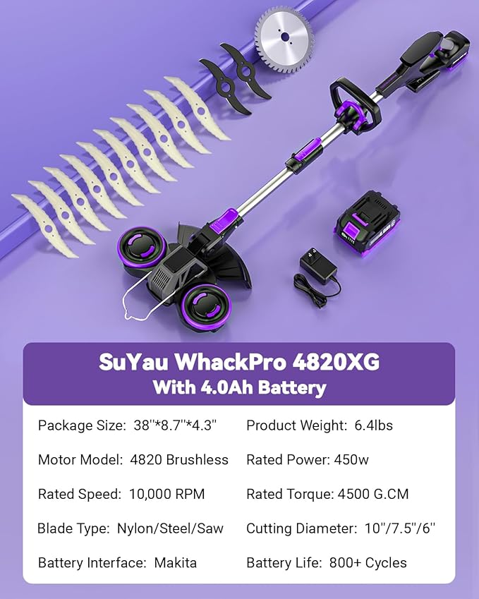 Cordless Weed Wacker, GearBrushless Motor, 20V 5.2Ah Battery Powered, 3 in 1 Edger/Mower/Trimmer with Metal Blade (4.0A Battery Set)