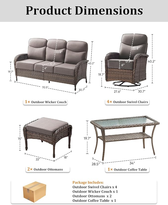 8-Piece Luxury Patio Furniture Set with 6-Inch Thick Cushions, High-Back Outdoor 4 Swivel Rocking Chairs with Wicker Coffee Table, All-Weather Conversation Set for Porch, Deck, Yard – Gray