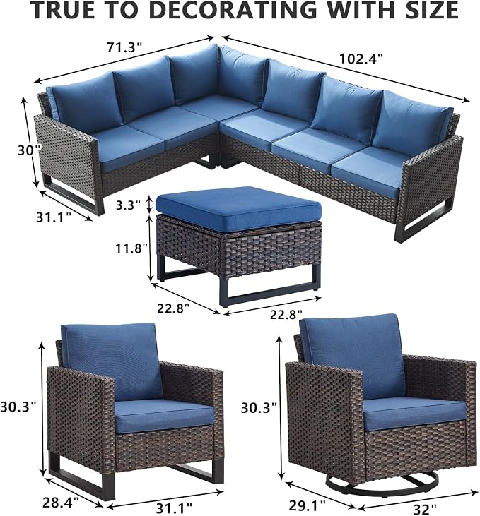 HUMMUH 8 Piece Patio Furniture All Weather 6-Seater Outdoor Sectional Sofa with Patio Swivel Chairs and Outdoor Chairs Ottomans for Porch,Garden,Backyard,Deck(Brown/Blue)