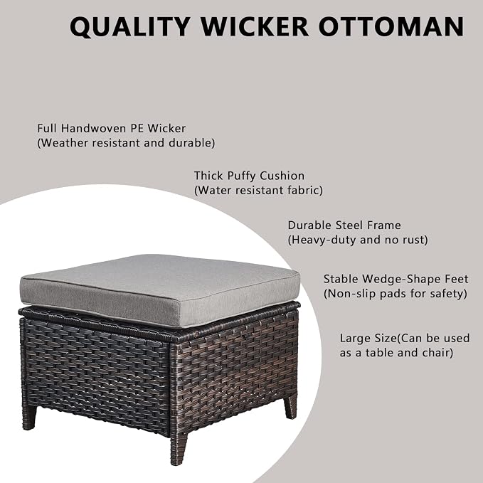 Rilyson Outdoor Patio Wicker Furniture Set - 6 Piece Rattan Patio Conversation Sectional Sofa Set with 1 Couch,2 Armchairs,2 Ottomans and 1 Glass Top Coffee Table for Porch Deck Garden(Brown/Grey)