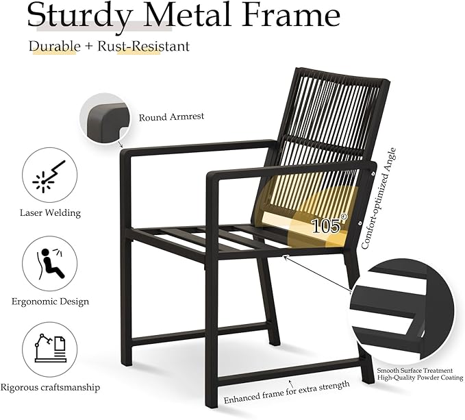 5 Pieces Outdoor Dinning Set Featuring 1 Aluminum Table and 4 Iron Alloy Ratten Chairs Waterproof and Rust-Proof Courtyard Style Table Garden Balcony Poolside, Black 5 Pcs
