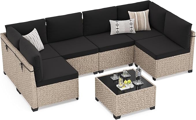 Soohow 7-Piece Patio Furniture Set, Outdoor Sectional All-Weather Wicker Patio Conversation Set for Garden, Porch, Backyard - Black Cushions