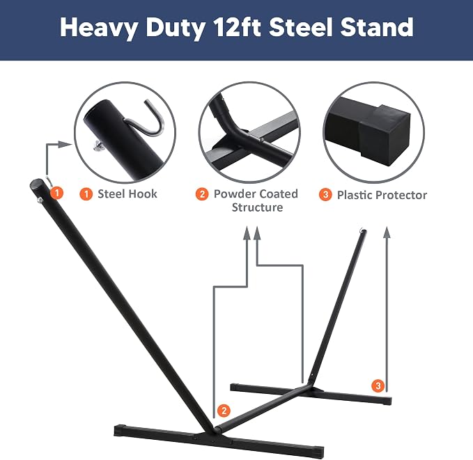 SUNCREAT Portable Outdoor Hammock with Stand, Heavy Duty Hammock with Carrying Bag, Soft Pillow, Balance Ropes, Dark Blue