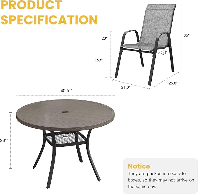 VICLLAX Patio Dining Set for 4, All Weather Metal 5 Pieces Patio Set-40.6" Round Outdoor Table and Stackable Chairs for Lawn Garden and Backyard, Grey Wood Grain Tabletop