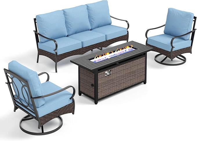 PHI VILLA Patio Furniture Set with 56" Fire Pit Table, Premium Outdoor Wicker Metal Frame Furniture with Upgraded Waterproof Thick Cushions for Porch, Poolside, Deck, and Yard (4 Pieces,Blue)