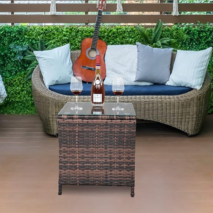 VINGLI Outdoor Wicker Side Table Patio Side Tables for Outside, Tempered Glass Top Wicker Table with Storage End Table for Balcony Porch Deck (Brown)