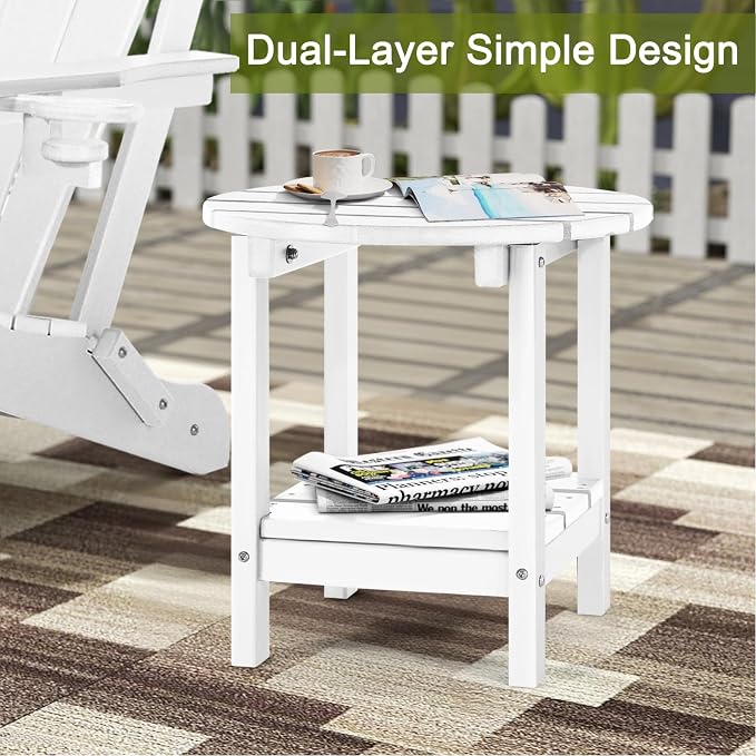 Set 2 Adirondack Outdoor Side Tables, 2-Tier Round Outdoor Table, Weather Resistant HDPE Patio End Table for Garden, Lawn, Pool, Beach, Porch, Deck, Backyard - White
