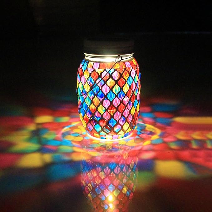 Solar Mosaic Outdoor Lanterns - 12 Color Changing LED, 4 Lighting Modes with Remote Control, Handcrafted Glass Decor Lights, Hanging or Tabletop Decor for Garden (red)