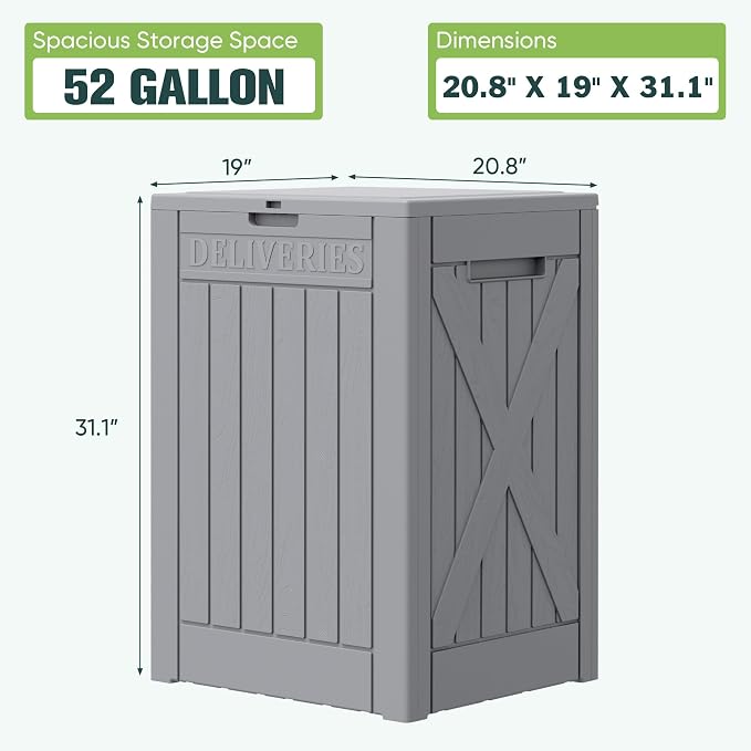 Greesum 52 Gallon Large Outdoor Package Delivery Box for Porch, Lockable Secure Double-Wall Resin Storage Bin, Waterproof Deck Container for Package Protection, Gray
