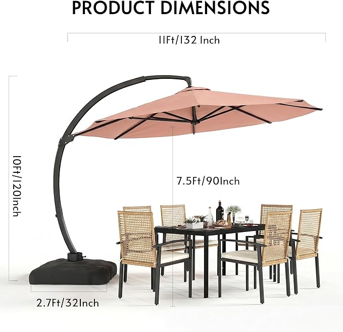 11FT Cantilever Patio Umbrella with Base Included, Large Cantilever umbrella with 360°Rotation, Heavy-Duty Offset Outdoor Umbrella for Patio,Pool,Garden and Backyard (Pink)
